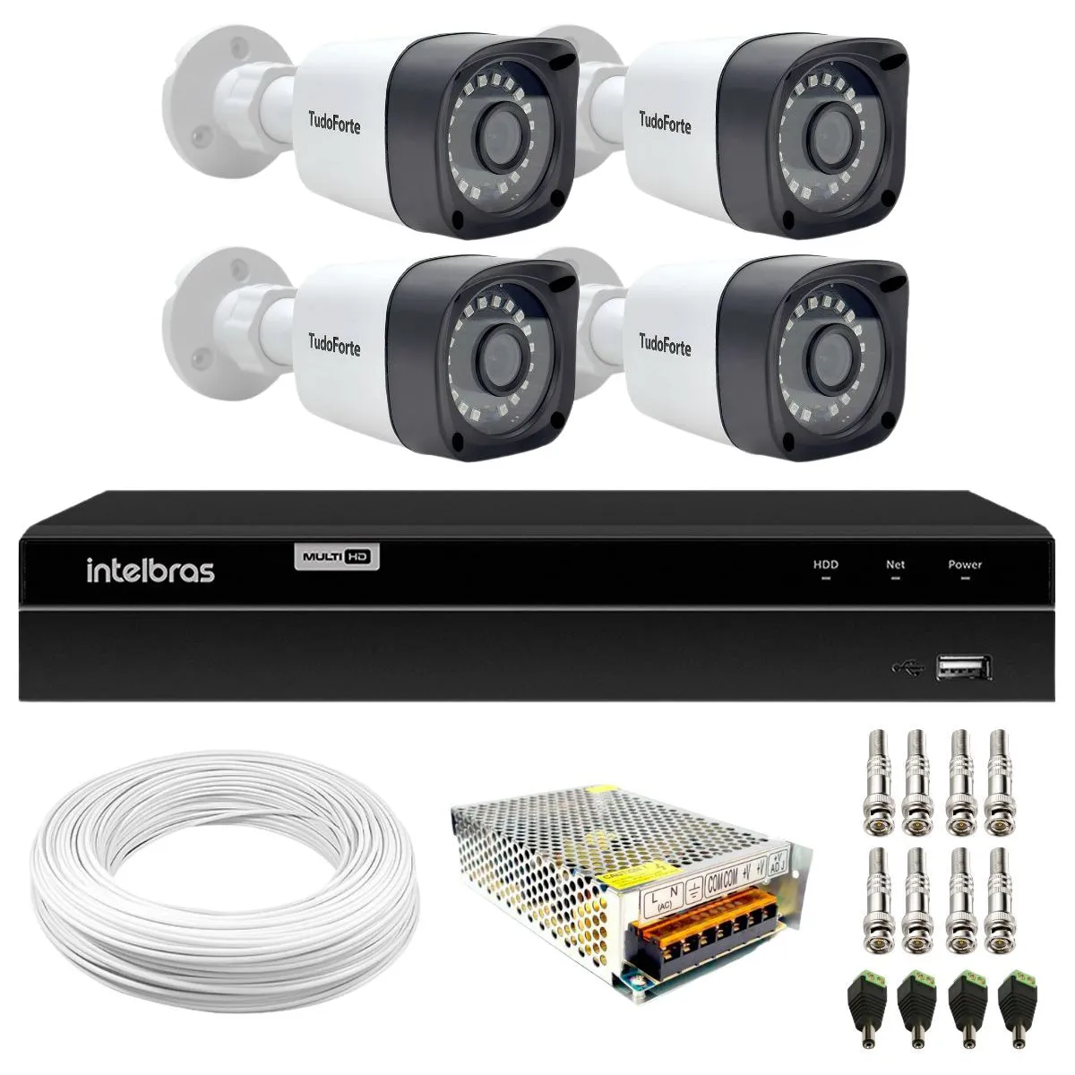 Kit Câmeras de Segurança FULL HD 1080p Bullet 20 Metros + DVR Intelbras + App Grátis de Monitoramento da Intelbras + Fonte, Cabos e Acessórios