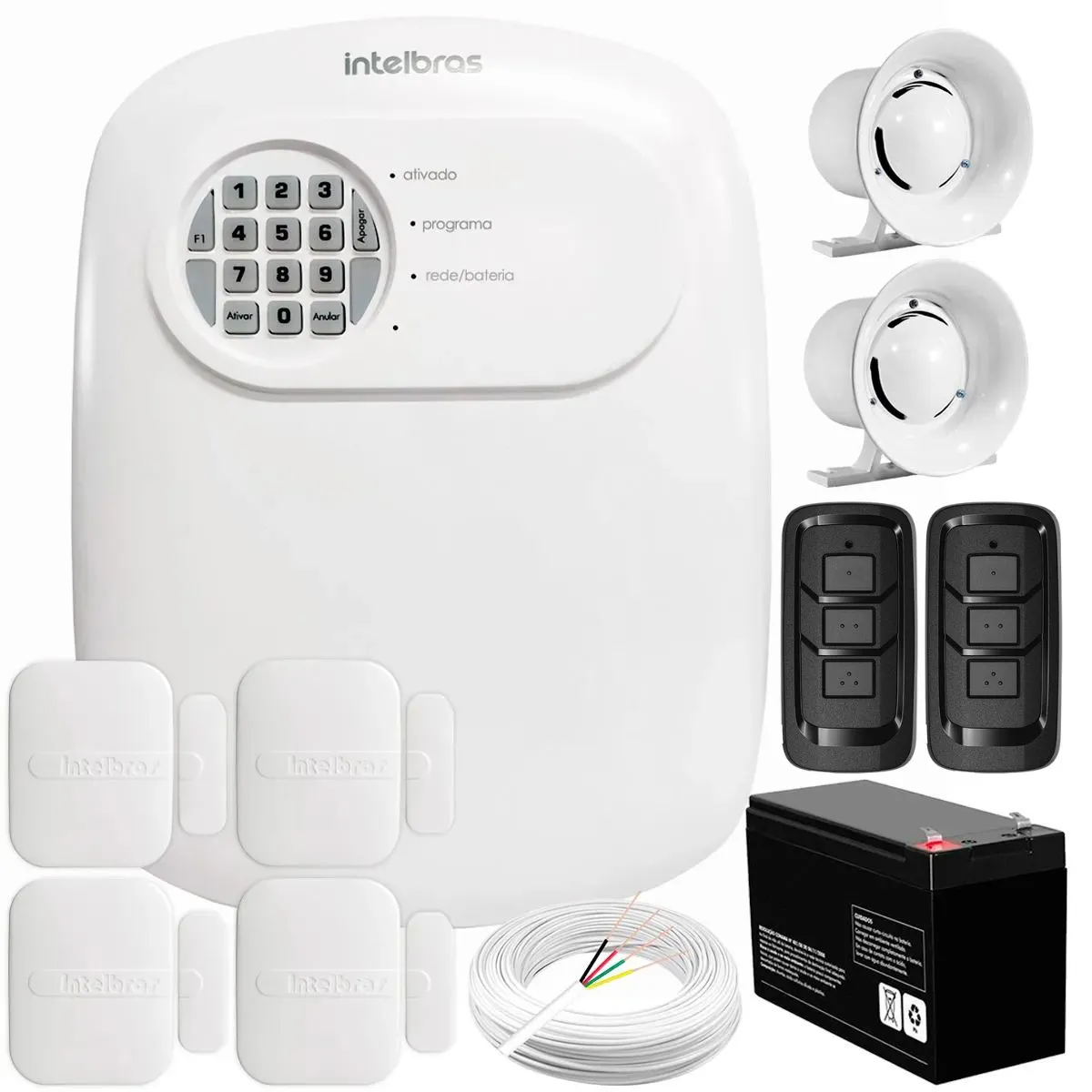 Kit Central de Alarme ANM 24 NET Intelbras + 4 Sensores XAS 4010 Smart + Bateria + Sirene + Cabo