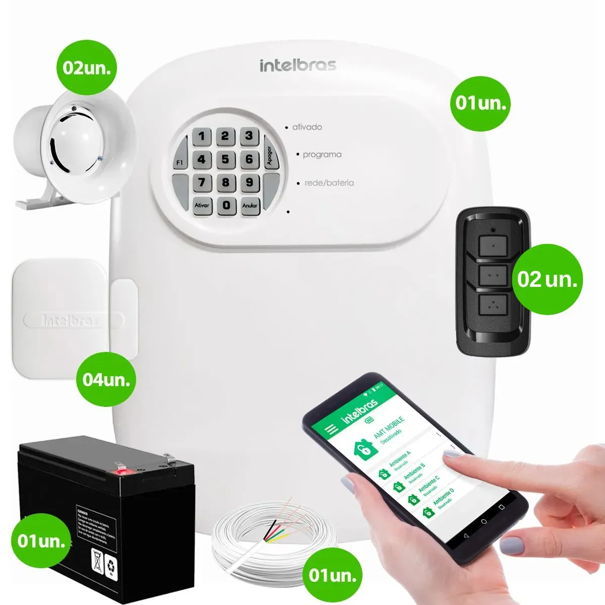 Kit Central de Alarme ANM 24 NET Intelbras + 4 Sensores XAS 4010 Smart + Bateria + Sirene + Cabo - Imagem 5