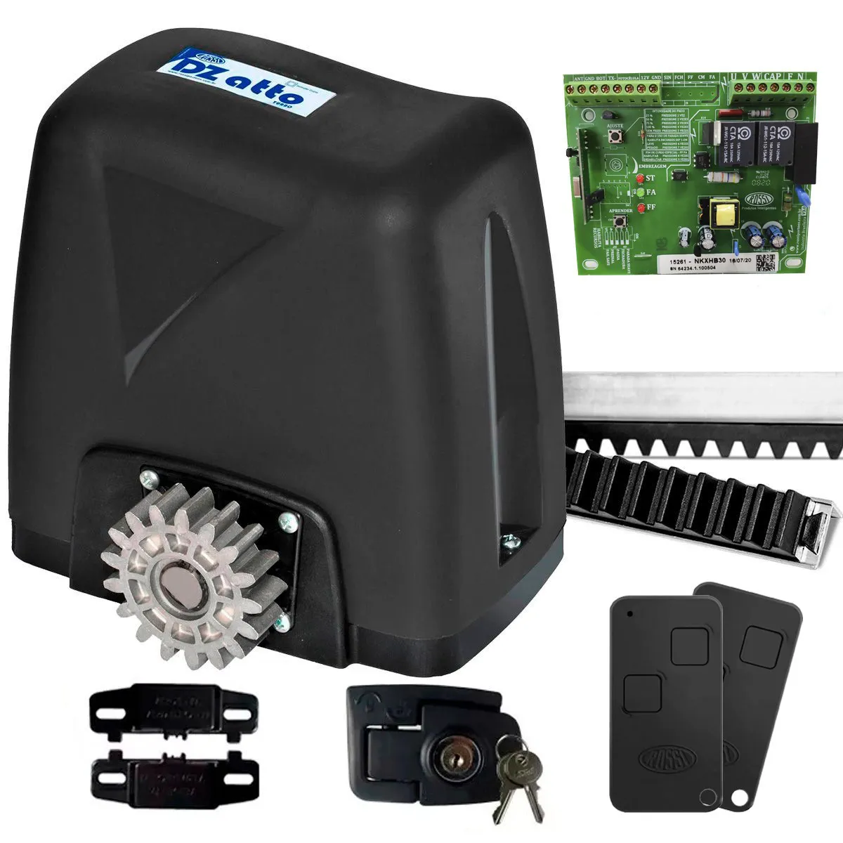 Kit Motor Portão Rossi DZ Atto Turbo 350Kg 1/5 Deslizante Automático de Correr Eletrônico Com Abertura Rápida + Cremalheira